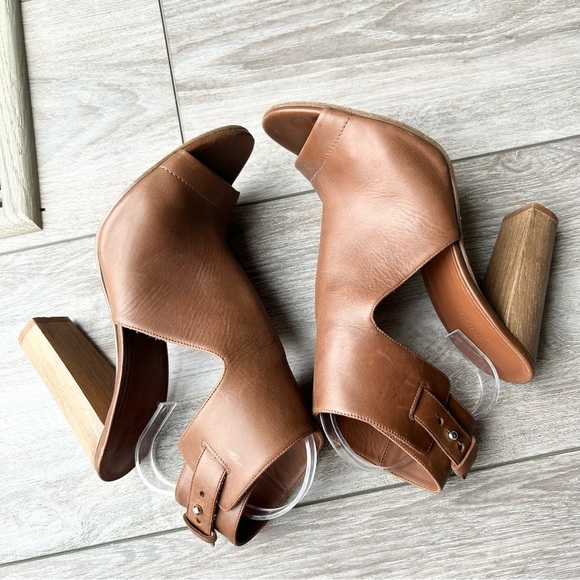 VINCE Addie Open Toe Buckle Back Strap Brown  Leather Bootie Wooden block Heel - Picture 9 of 16